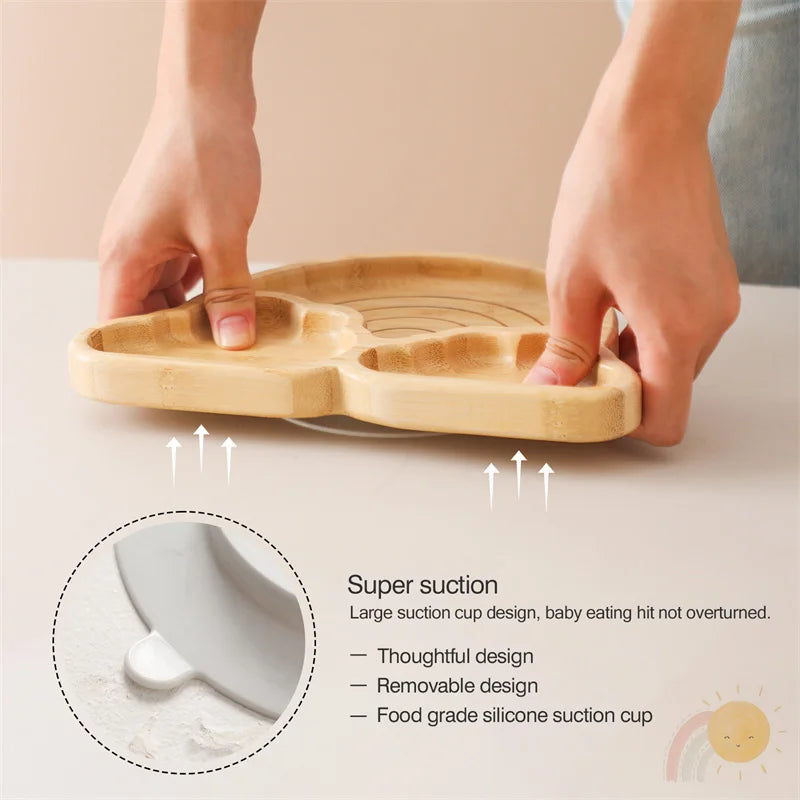 Baby Wooden Tableware Set – Bamboo Plate & Bowl with Silicone Suction Base + Wooden Handle Fork & Spoon | Cartoon Sheep Feeding Set for Toddlers & Kids