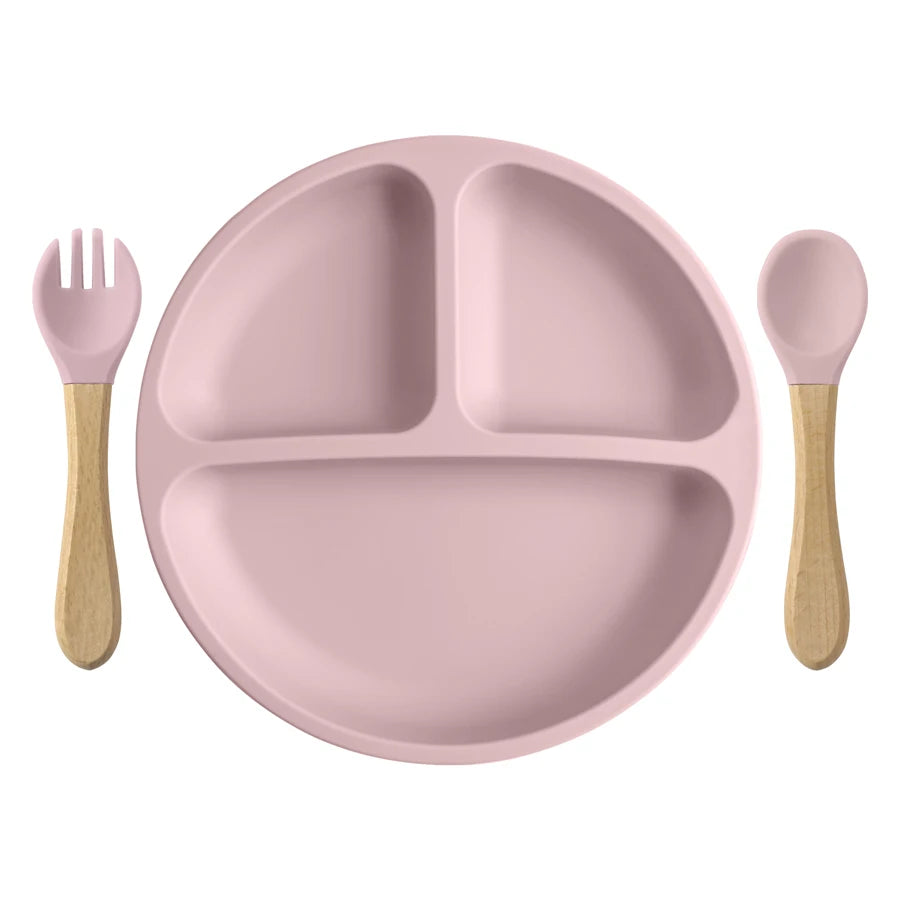3PCS Baby Silicone Feeding Set – Suction Dinner Plate, Wooden Handle Spoon & Fork | BPA-Free Toddler Training Tableware