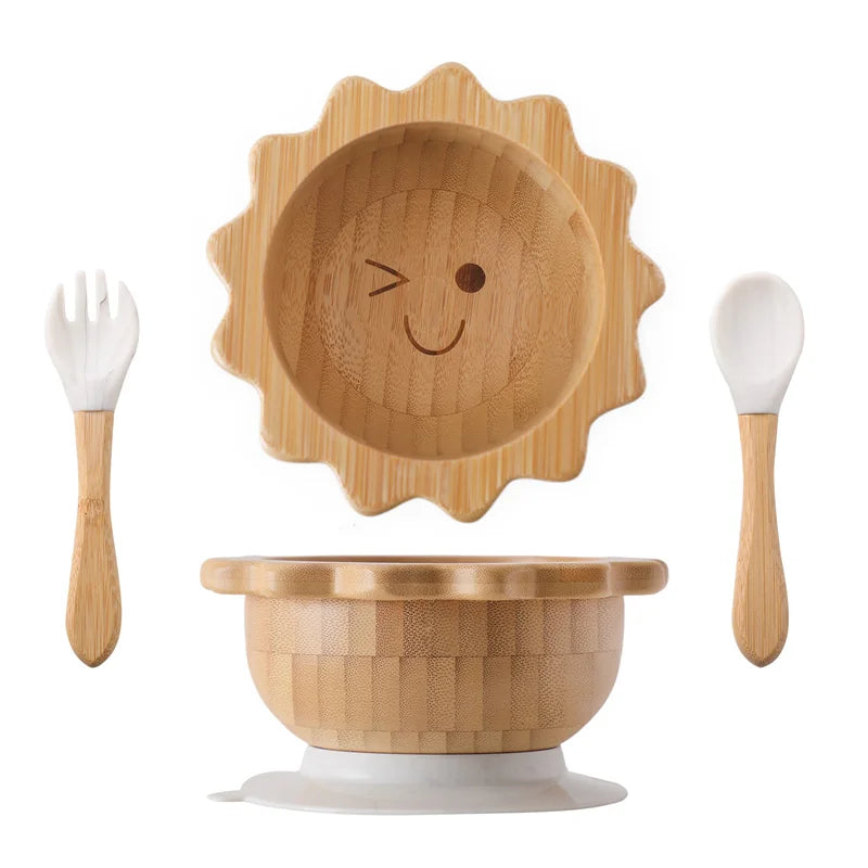 Baby Wooden Tableware Set – Bamboo Plate & Bowl with Silicone Suction Base + Wooden Handle Fork & Spoon | Cartoon Sheep Feeding Set for Toddlers & Kids
