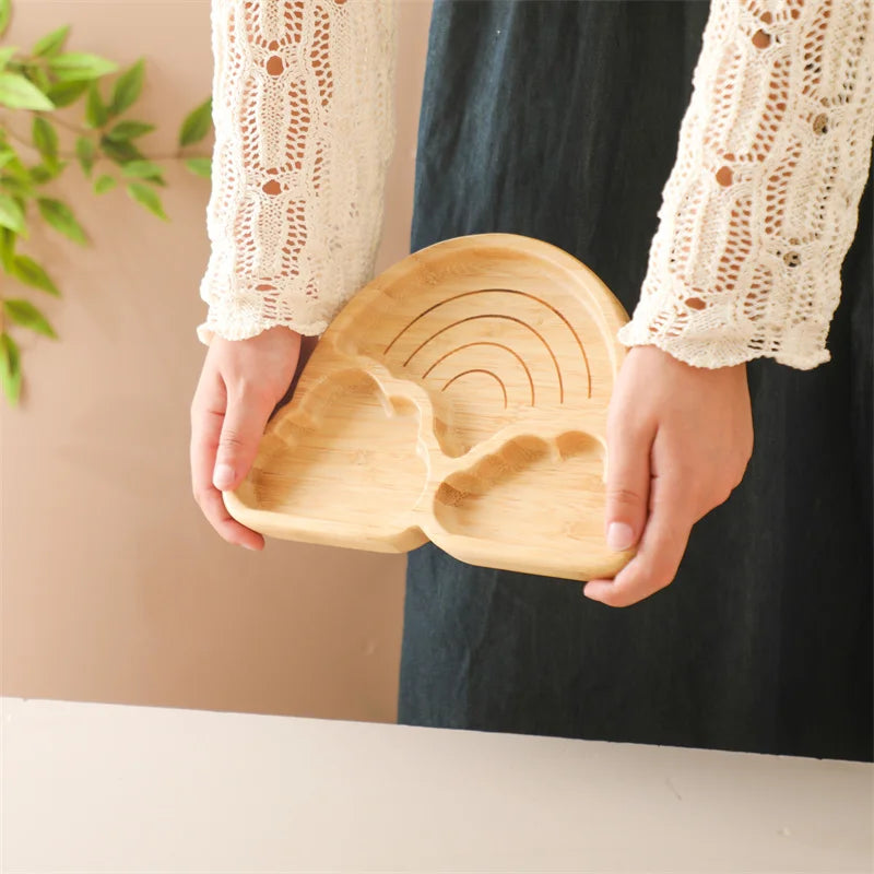 Baby Wooden Tableware Set – Bamboo Plate & Bowl with Silicone Suction Base + Wooden Handle Fork & Spoon | Cartoon Sheep Feeding Set for Toddlers & Kids