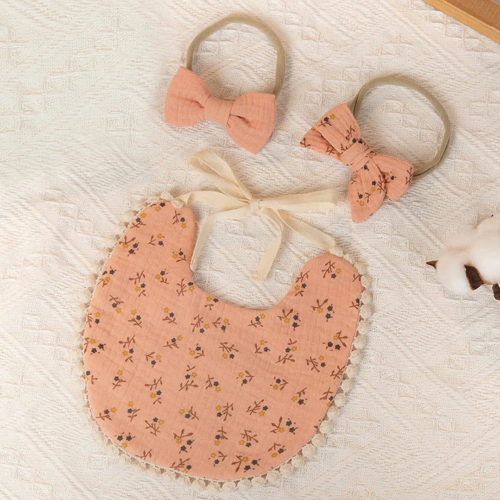 3PCS Baby Bib & Headband Set – Floral Linen Double-Sided Feeding Bib, Bow Nylon Hairbands & Burp Cloth | Unisex Baby Accessories