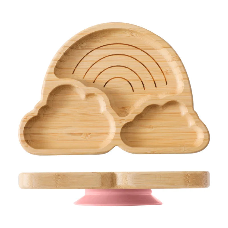 Baby Wooden Tableware Set – Bamboo Plate & Bowl with Silicone Suction Base + Wooden Handle Fork & Spoon | Cartoon Sheep Feeding Set for Toddlers & Kids