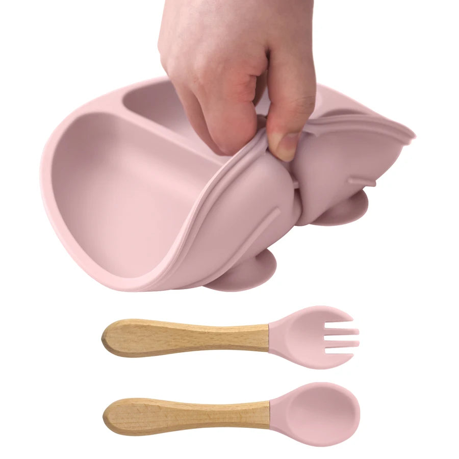 3PCS Baby Silicone Feeding Set – Suction Dinner Plate, Wooden Handle Spoon & Fork | BPA-Free Toddler Training Tableware