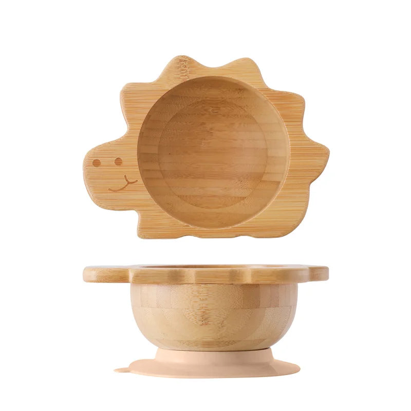 Baby Wooden Tableware Set – Bamboo Plate & Bowl with Silicone Suction Base + Wooden Handle Fork & Spoon | Cartoon Sheep Feeding Set for Toddlers & Kids