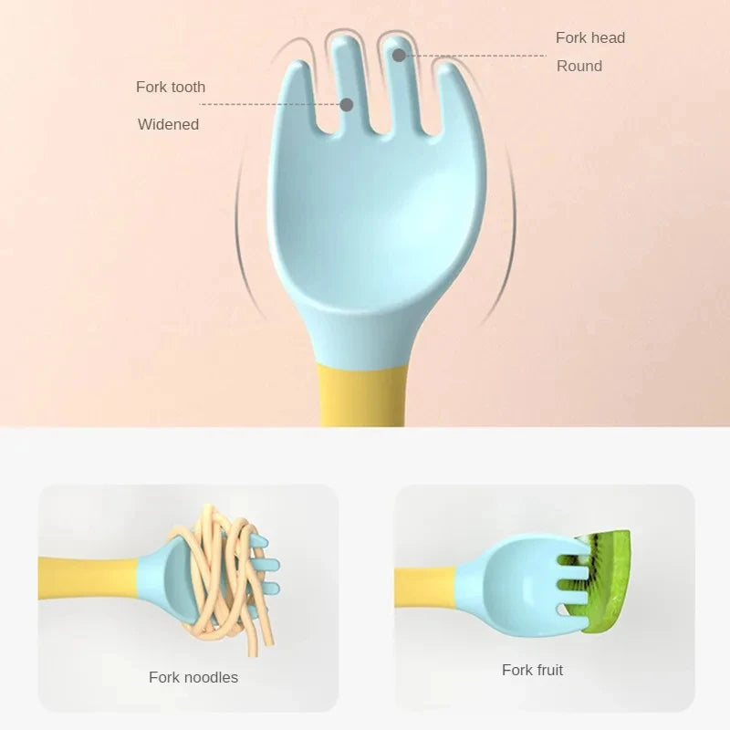 Bendable Baby Fork & Spoon Set – Soft Silicone Training Utensils | Adjustable Angle Toddler Feeding Tableware