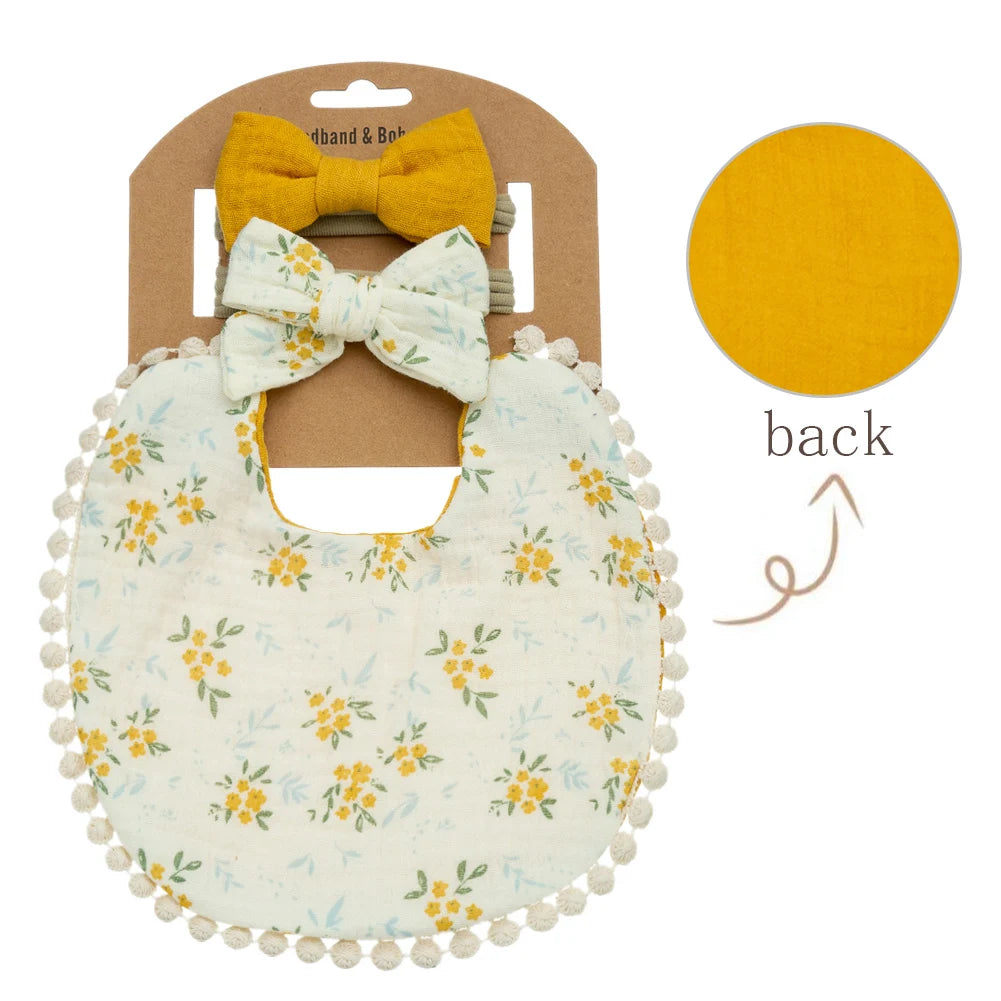 3PCS Baby Bib & Headband Set – Floral Linen Double-Sided Feeding Bib, Bow Nylon Hairbands & Burp Cloth | Unisex Baby Accessories