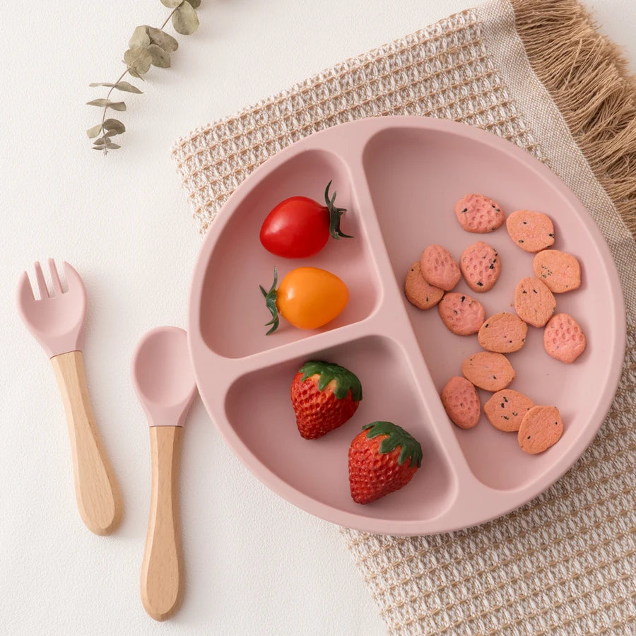 3PCS Baby Silicone Feeding Set – Suction Dinner Plate, Wooden Handle Spoon & Fork | BPA-Free Toddler Training Tableware