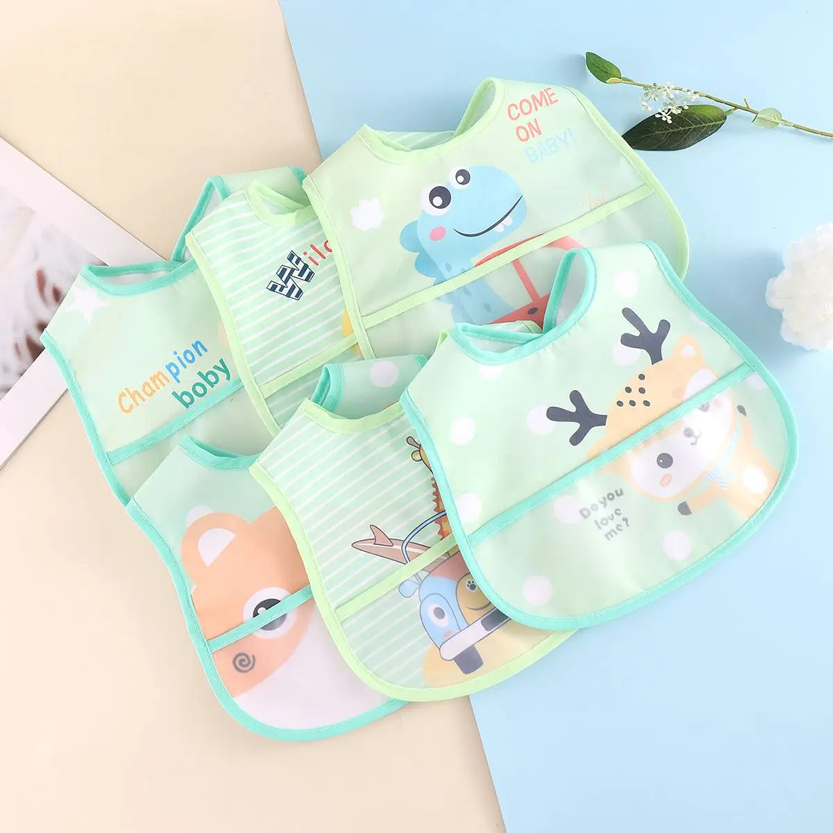 5PCS Cartoon Animal Baby Bibs – Waterproof Feeding Aprons for Boys & Girls | Adjustable Toddler Saliva Bibs