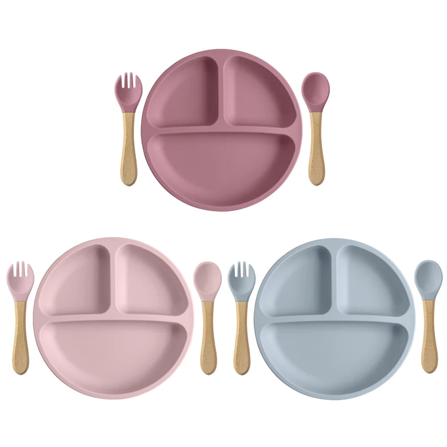 3PCS Baby Silicone Feeding Set – Suction Dinner Plate, Wooden Handle Spoon & Fork | BPA-Free Toddler Training Tableware