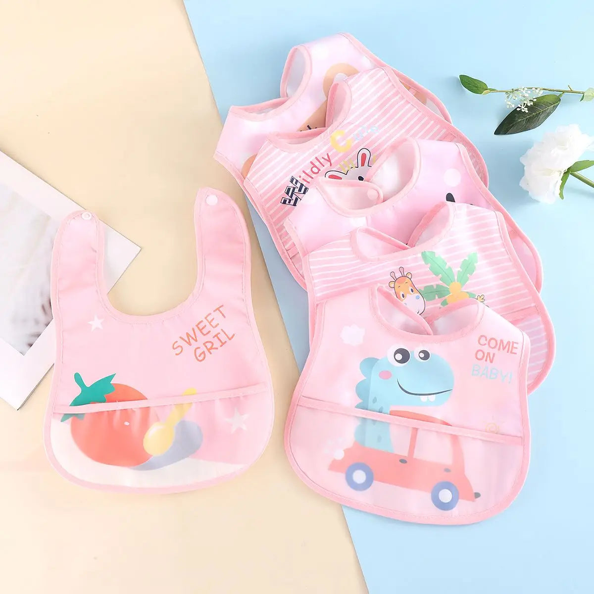 5PCS Cartoon Animal Baby Bibs – Waterproof Feeding Aprons for Boys & Girls | Adjustable Toddler Saliva Bibs