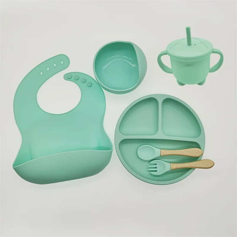 8-Piece Baby Silicone Feeding Set – Suction Bowl, Suction Plate, Fork, Spoon, Bib, Sippy Cup & Training Cup | Safe, BPA-Free Children’s Tableware Set