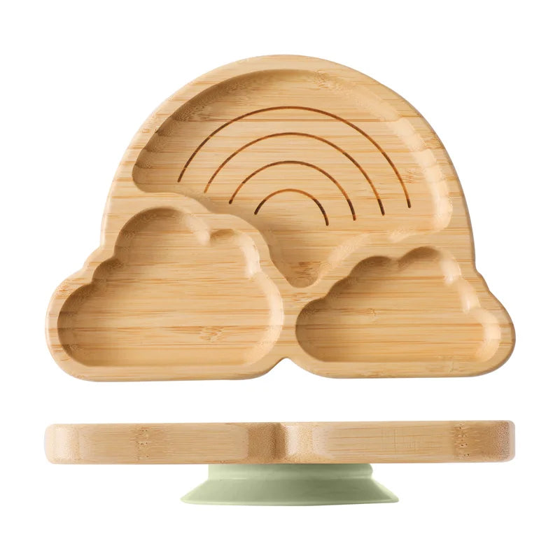 Baby Wooden Tableware Set – Bamboo Plate & Bowl with Silicone Suction Base + Wooden Handle Fork & Spoon | Cartoon Sheep Feeding Set for Toddlers & Kids