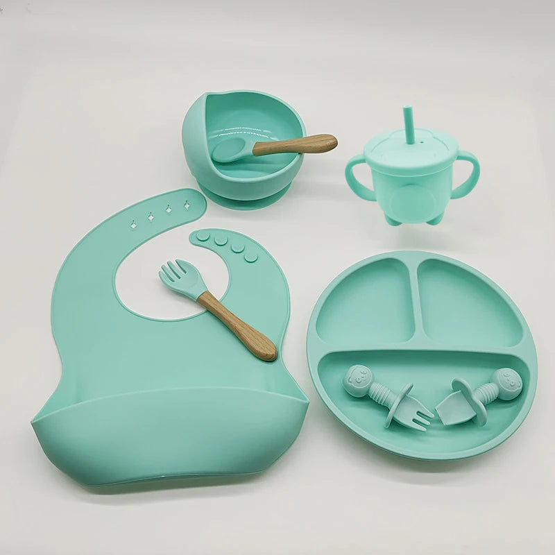 8-Piece Baby Silicone Feeding Set – Suction Bowl, Suction Plate, Fork, Spoon, Bib, Sippy Cup & Training Cup | Safe, BPA-Free Children’s Tableware Set