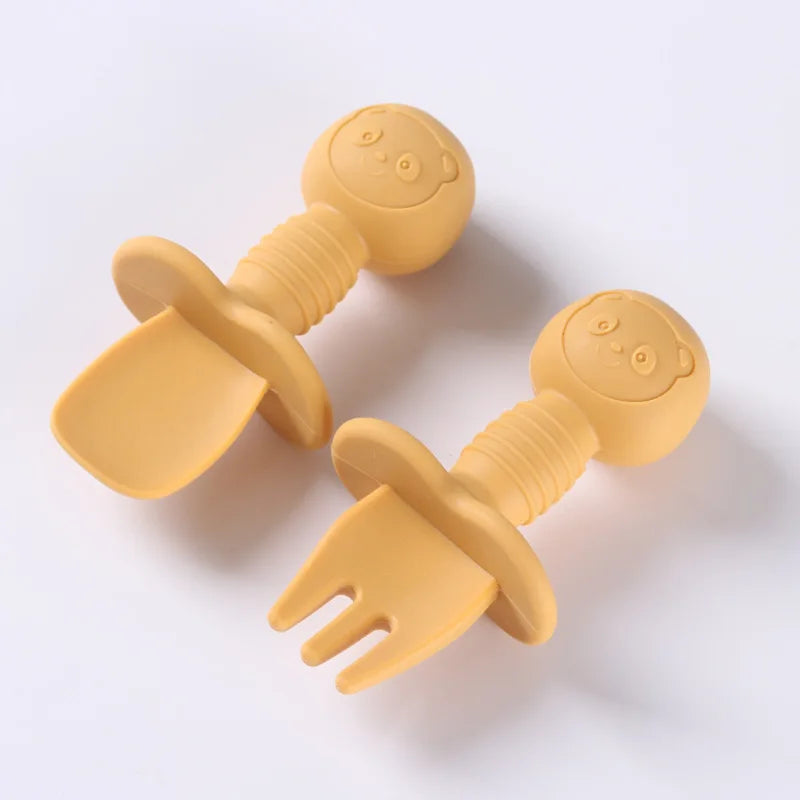 2PCS Baby Training Spoon & Fork Set – Food-Grade Silicone with Wooden Handle | BPA-Free Toddler Feeding Cutlery