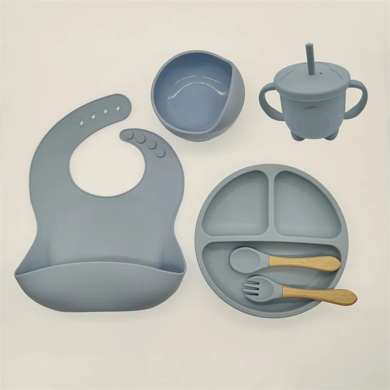 8-Piece Baby Silicone Feeding Set – Suction Bowl, Suction Plate, Fork, Spoon, Bib, Sippy Cup & Training Cup | Safe, BPA-Free Children’s Tableware Set