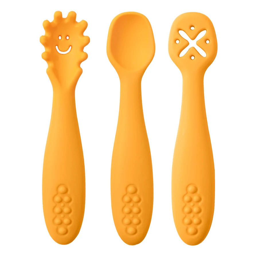 3PCS Baby Learning Spoon Set – Soft Silicone Utensils for Newborns & Toddlers | Training Scoop & Weaning Cutlery