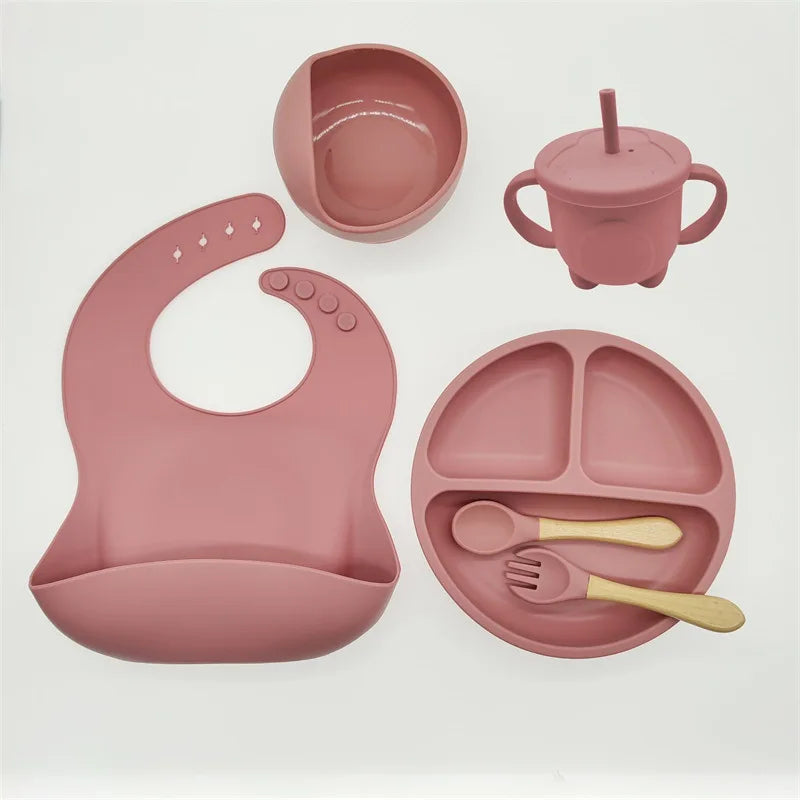8-Piece Baby Silicone Feeding Set – Suction Bowl, Suction Plate, Fork, Spoon, Bib, Sippy Cup & Training Cup | Safe, BPA-Free Children’s Tableware Set
