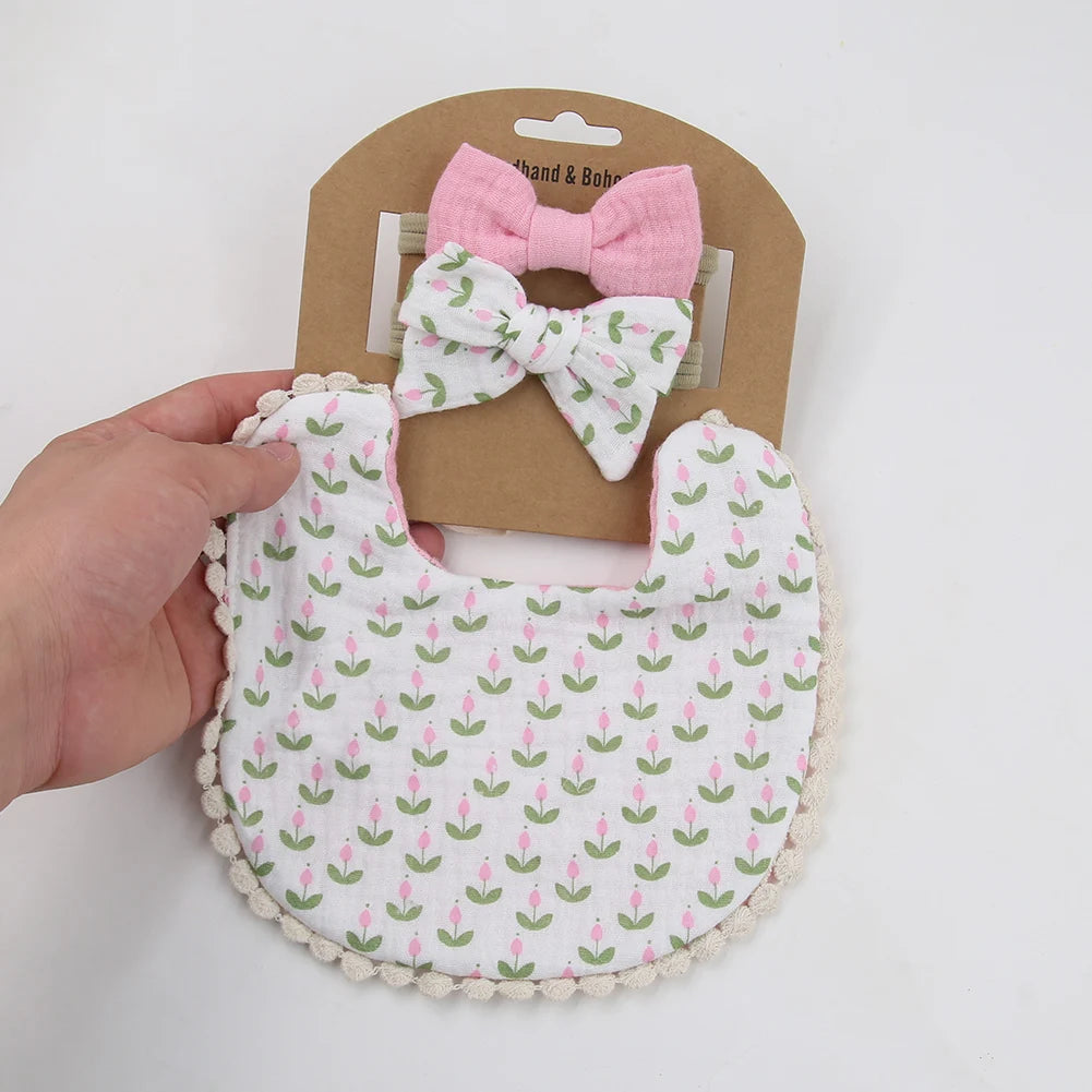 3PCS Baby Bib & Headband Set – Floral Linen Double-Sided Feeding Bib, Bow Nylon Hairbands & Burp Cloth | Unisex Baby Accessories