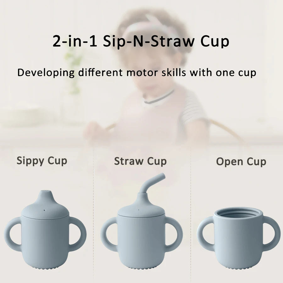 1PCS Baby Silicone Straw Cup with Two Lids – BPA-Free Snack & Drink Cup | Portable Leakproof Feeding Cup for Kids & Toddlers