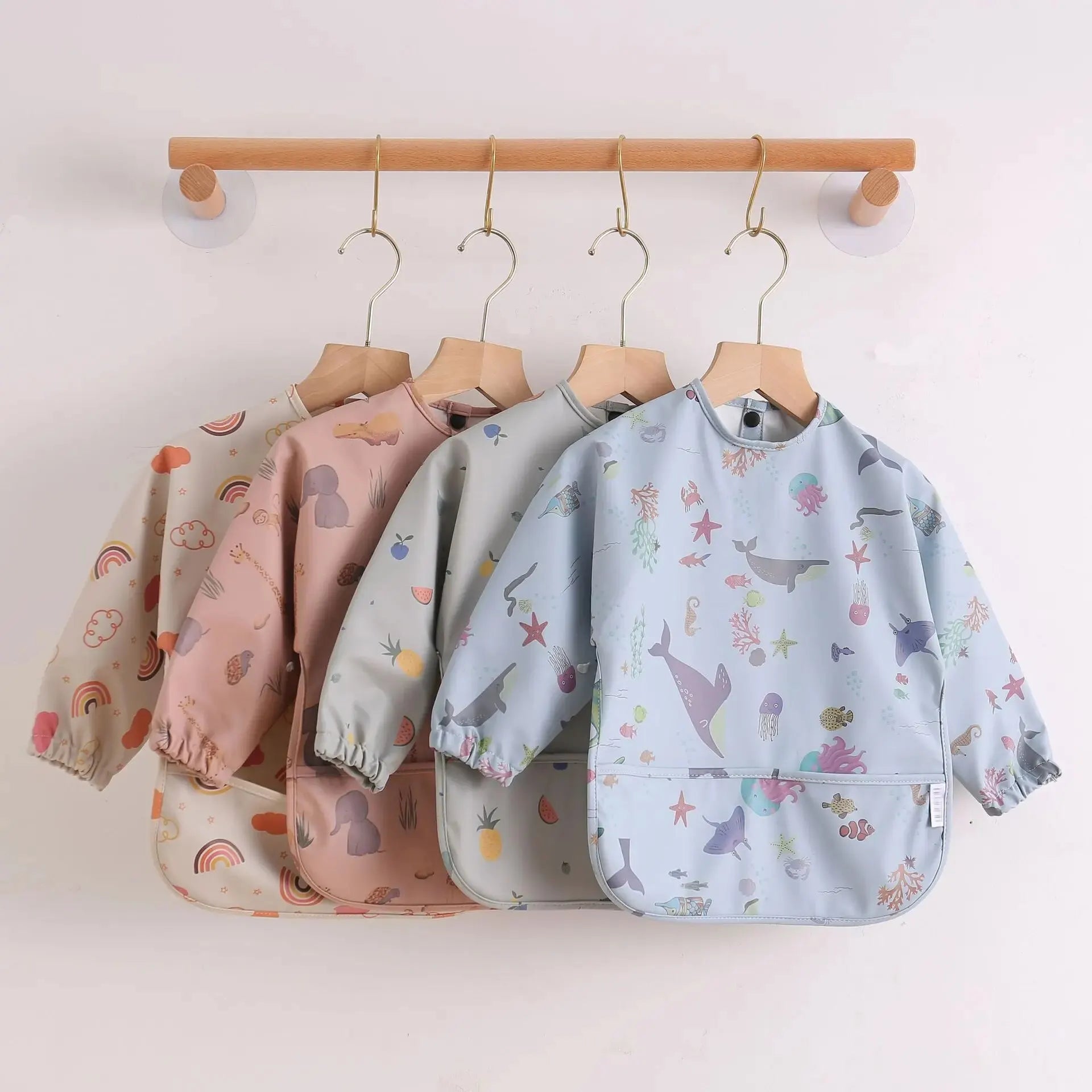 1pc Waterproof Long Sleeve Baby Bib with Pocket – Full Cover Feeding Apron Smock for Kids & Toddlers with Storage Bag