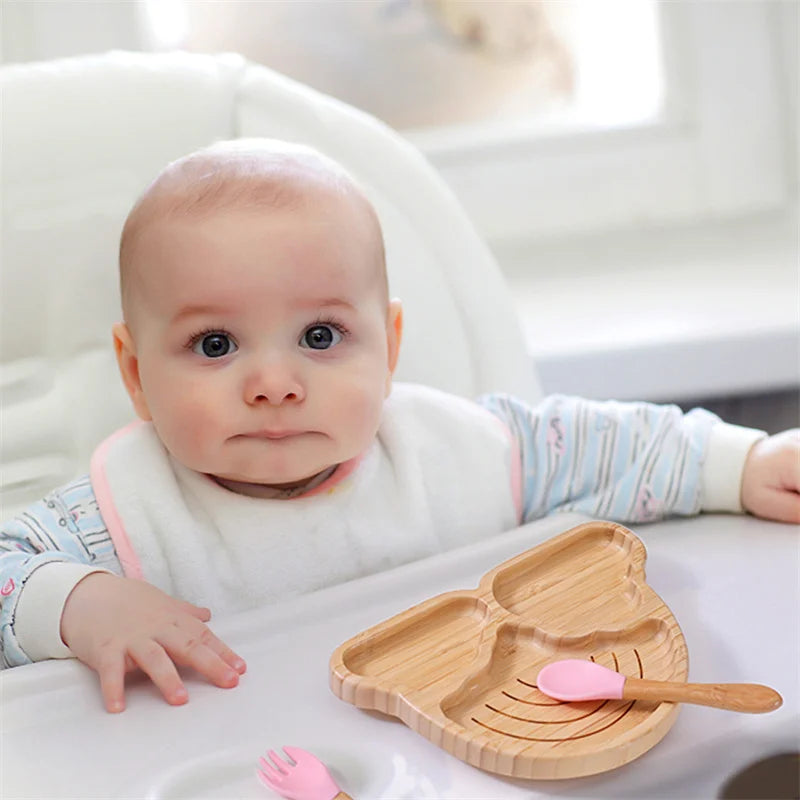 Baby Wooden Tableware Set – Bamboo Plate & Bowl with Silicone Suction Base + Wooden Handle Fork & Spoon | Cartoon Sheep Feeding Set for Toddlers & Kids