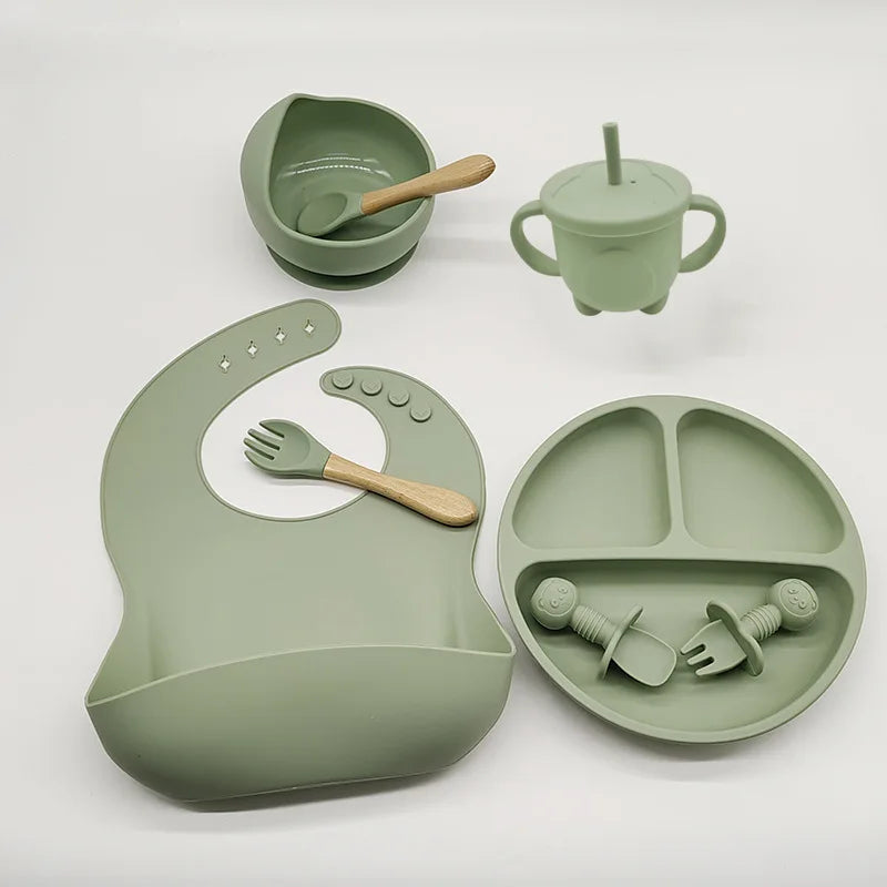 8-Piece Baby Silicone Feeding Set – Suction Bowl, Suction Plate, Fork, Spoon, Bib, Sippy Cup & Training Cup | Safe, BPA-Free Children’s Tableware Set