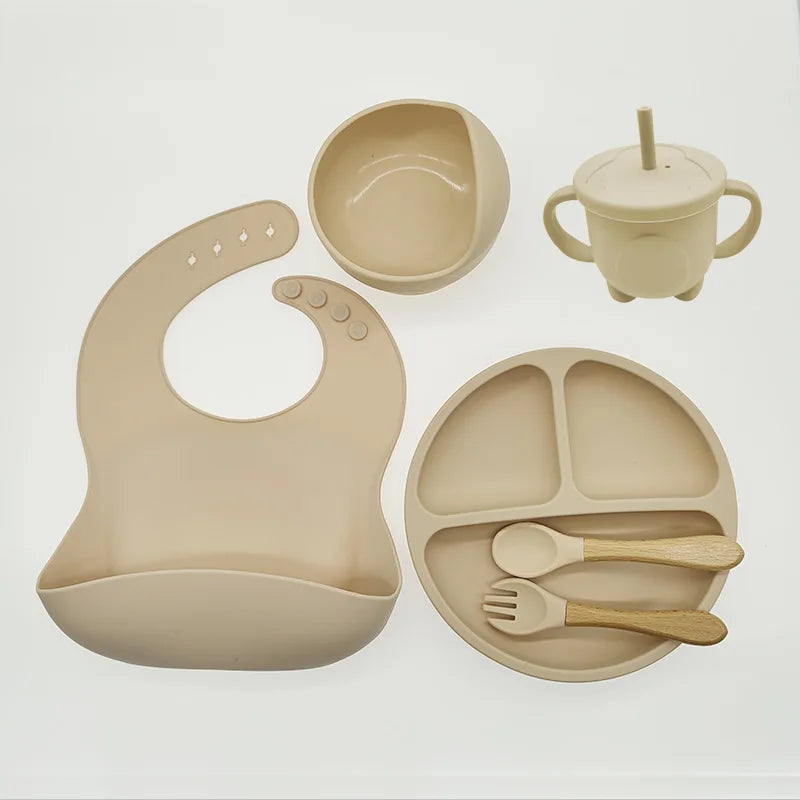 8-Piece Baby Silicone Feeding Set – Suction Bowl, Suction Plate, Fork, Spoon, Bib, Sippy Cup & Training Cup | Safe, BPA-Free Children’s Tableware Set