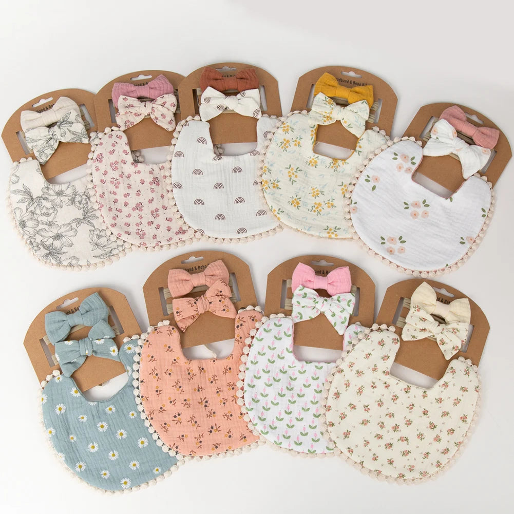 3PCS Baby Bib & Headband Set – Floral Linen Double-Sided Feeding Bib, Bow Nylon Hairbands & Burp Cloth | Unisex Baby Accessories