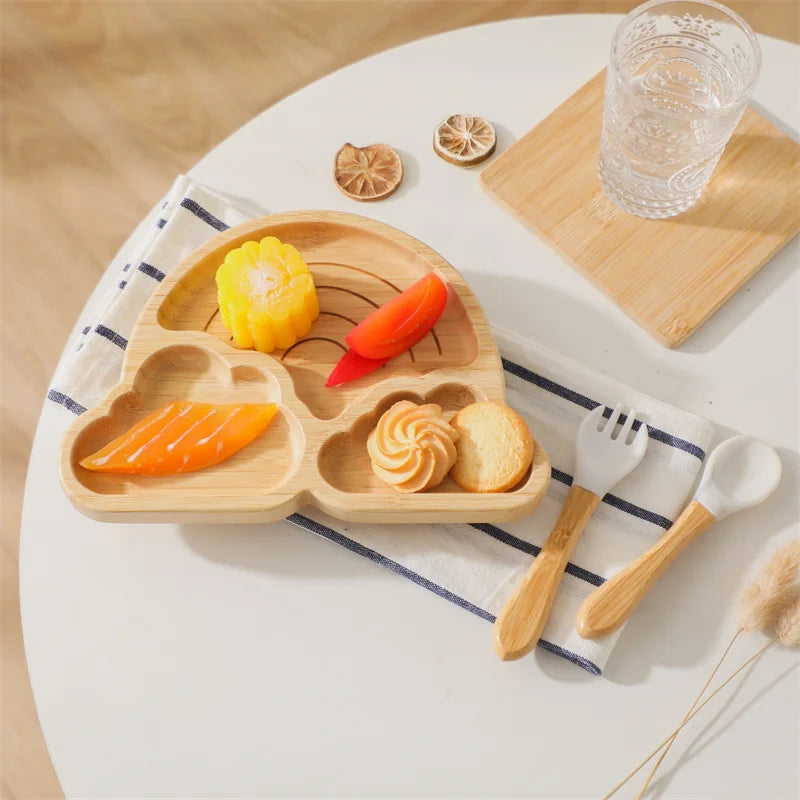 Baby Wooden Tableware Set – Bamboo Plate & Bowl with Silicone Suction Base + Wooden Handle Fork & Spoon | Cartoon Sheep Feeding Set for Toddlers & Kids