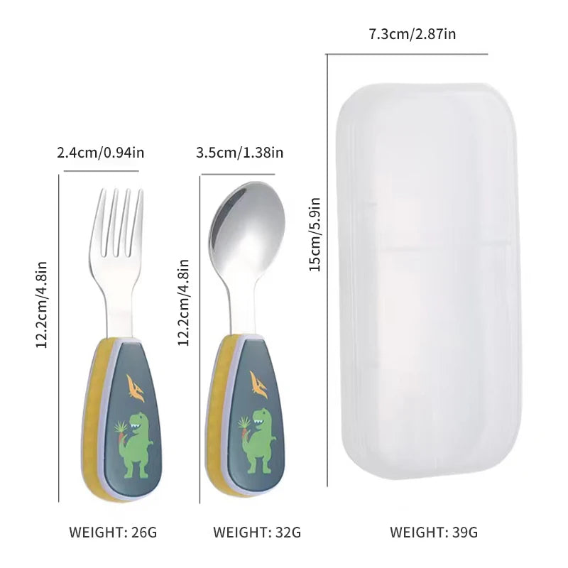 2PCS Toddler Utensils Set – Stainless Steel Spoon & Fork with Cute Cartoon Dinosaur Short Handle | Kids Feeding Cutlery