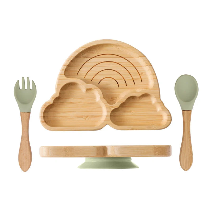 Baby Wooden Tableware Set – Bamboo Plate & Bowl with Silicone Suction Base + Wooden Handle Fork & Spoon | Cartoon Sheep Feeding Set for Toddlers & Kids
