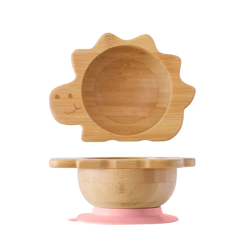 Baby Wooden Tableware Set – Bamboo Plate & Bowl with Silicone Suction Base + Wooden Handle Fork & Spoon | Cartoon Sheep Feeding Set for Toddlers & Kids