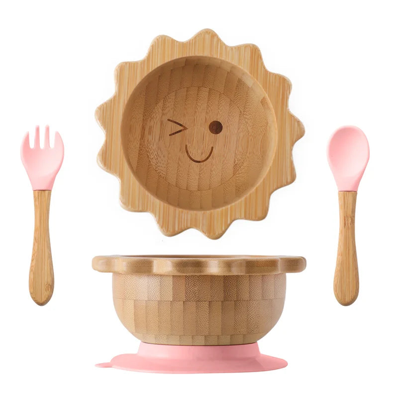 Baby Wooden Tableware Set – Bamboo Plate & Bowl with Silicone Suction Base + Wooden Handle Fork & Spoon | Cartoon Sheep Feeding Set for Toddlers & Kids