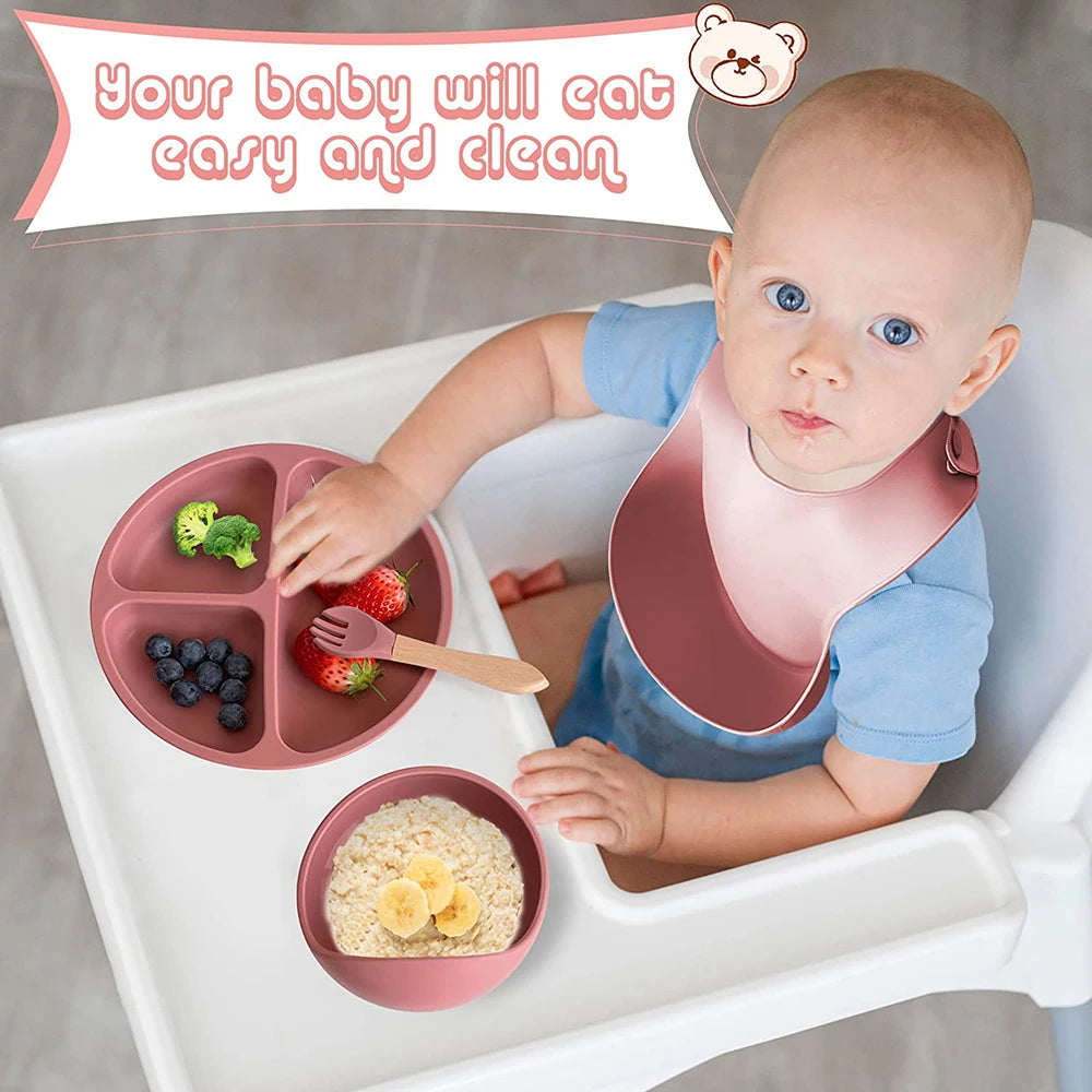 8-Piece Baby Silicone Feeding Set – Suction Bowl, Suction Plate, Fork, Spoon, Bib, Sippy Cup & Training Cup | Safe, BPA-Free Children’s Tableware Set