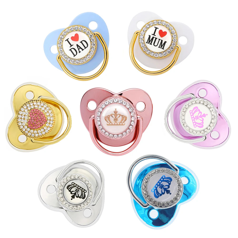 Bling Rhinestone Baby Pacifier – BPA-Free Silicone Newborn Soother with “I Love Mum & Dad” Design | Baby Shower Gift with Cover