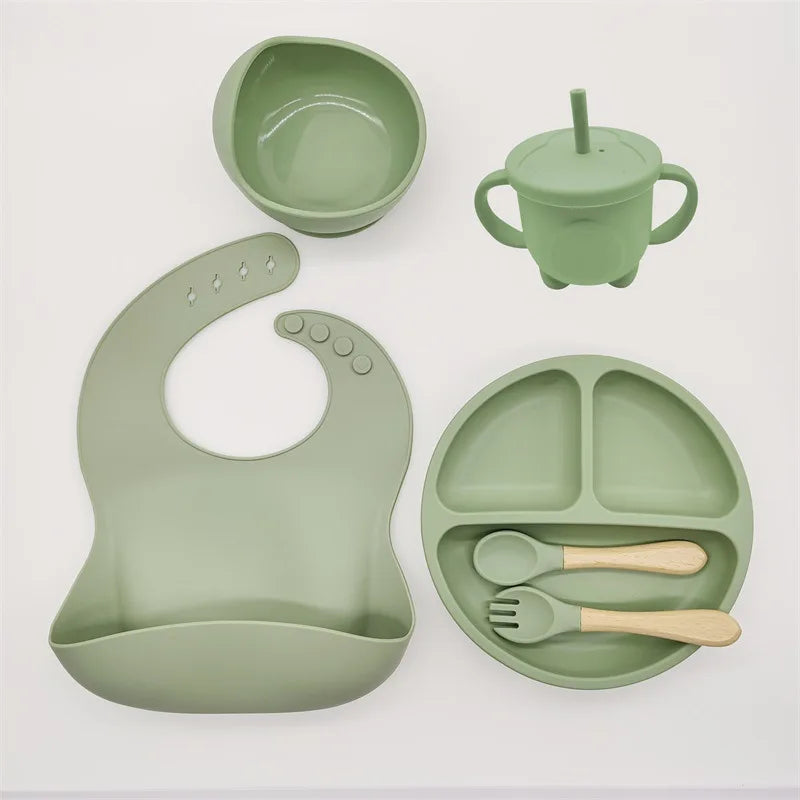8-Piece Baby Silicone Feeding Set – Suction Bowl, Suction Plate, Fork, Spoon, Bib, Sippy Cup & Training Cup | Safe, BPA-Free Children’s Tableware Set