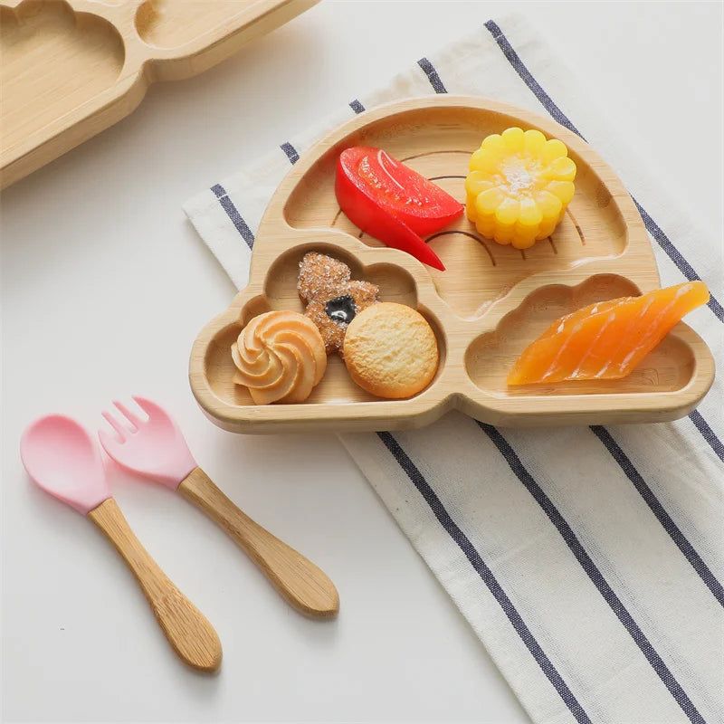 Baby Wooden Tableware Set – Bamboo Plate & Bowl with Silicone Suction Base + Wooden Handle Fork & Spoon | Cartoon Sheep Feeding Set for Toddlers & Kids