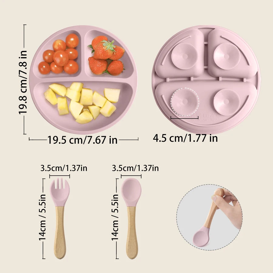 3PCS Baby Silicone Feeding Set – Suction Dinner Plate, Wooden Handle Spoon & Fork | BPA-Free Toddler Training Tableware