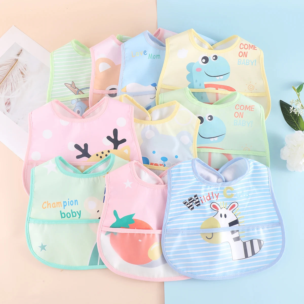 5PCS Cartoon Animal Baby Bibs – Waterproof Feeding Aprons for Boys & Girls | Adjustable Toddler Saliva Bibs