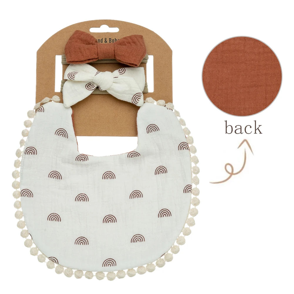 3PCS Baby Bib & Headband Set – Floral Linen Double-Sided Feeding Bib, Bow Nylon Hairbands & Burp Cloth | Unisex Baby Accessories