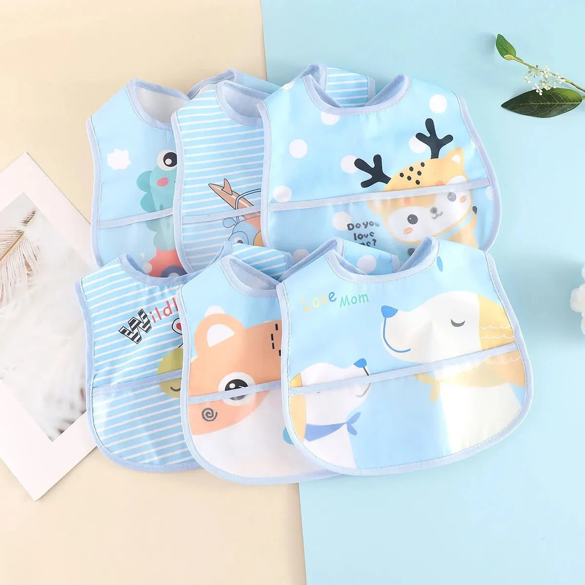5PCS Cartoon Animal Baby Bibs – Waterproof Feeding Aprons for Boys & Girls | Adjustable Toddler Saliva Bibs