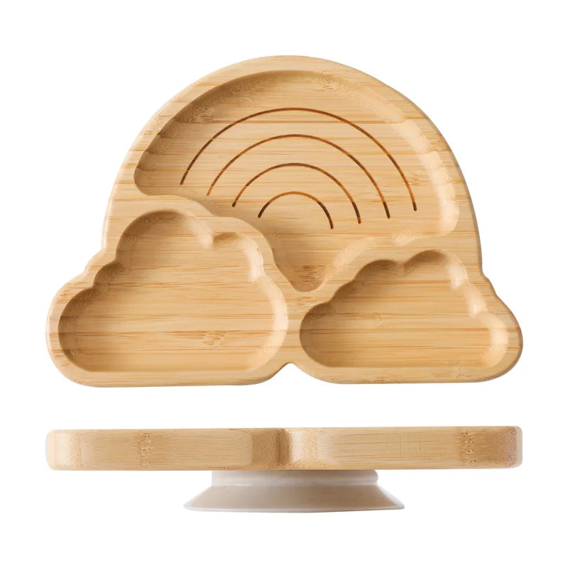 Baby Wooden Tableware Set – Bamboo Plate & Bowl with Silicone Suction Base + Wooden Handle Fork & Spoon | Cartoon Sheep Feeding Set for Toddlers & Kids