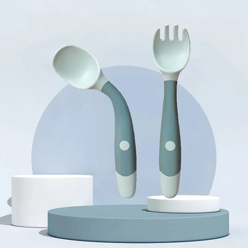 Bendable Baby Fork & Spoon Set – Soft Silicone Training Utensils | Adjustable Angle Toddler Feeding Tableware