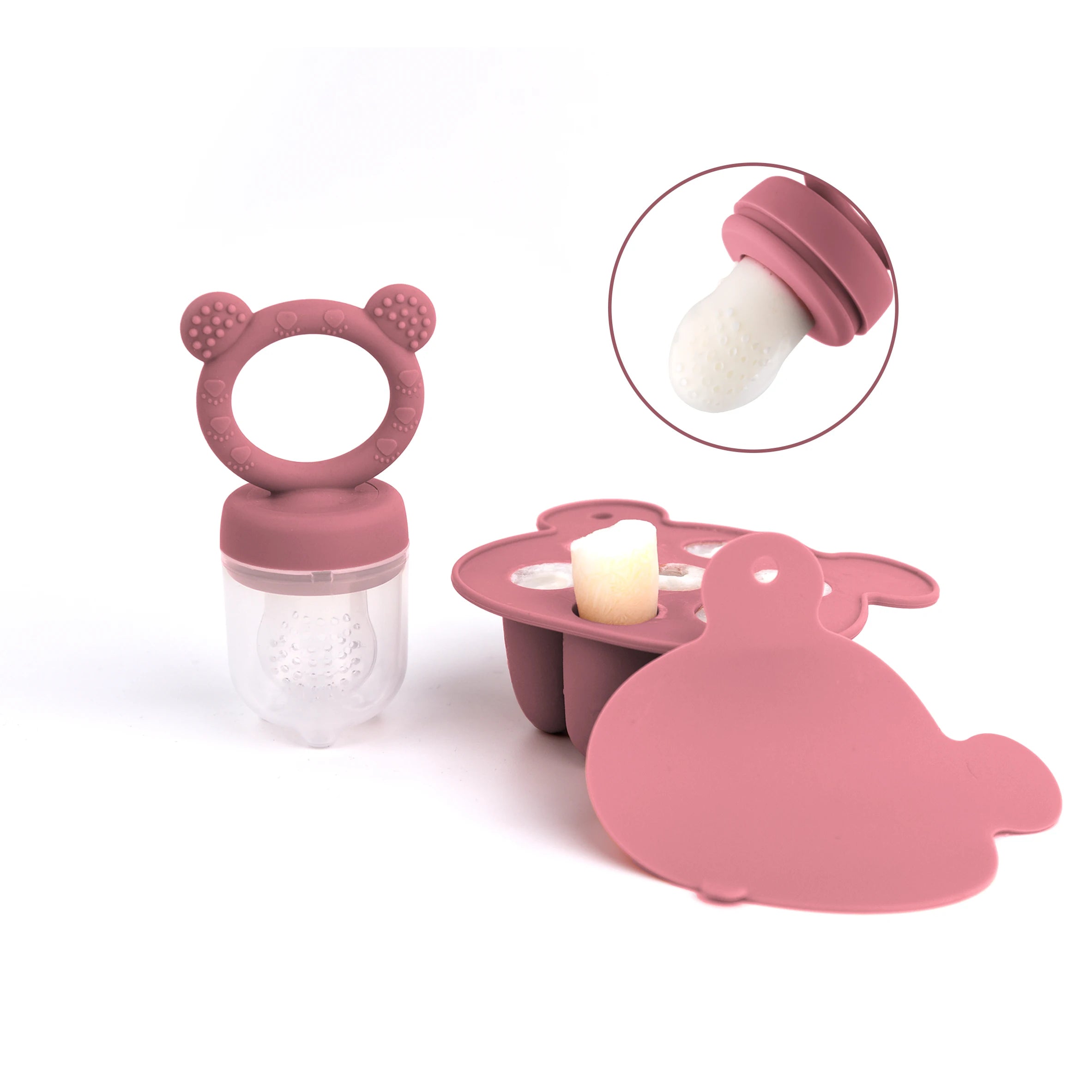 Baby Fruit Feeder & Silicone Freezer Tray Set – Animal Design Bear Teether with Breast Milk, Food & Popsicle Storage Mold | BPA-Free Baby Feeding Essentials