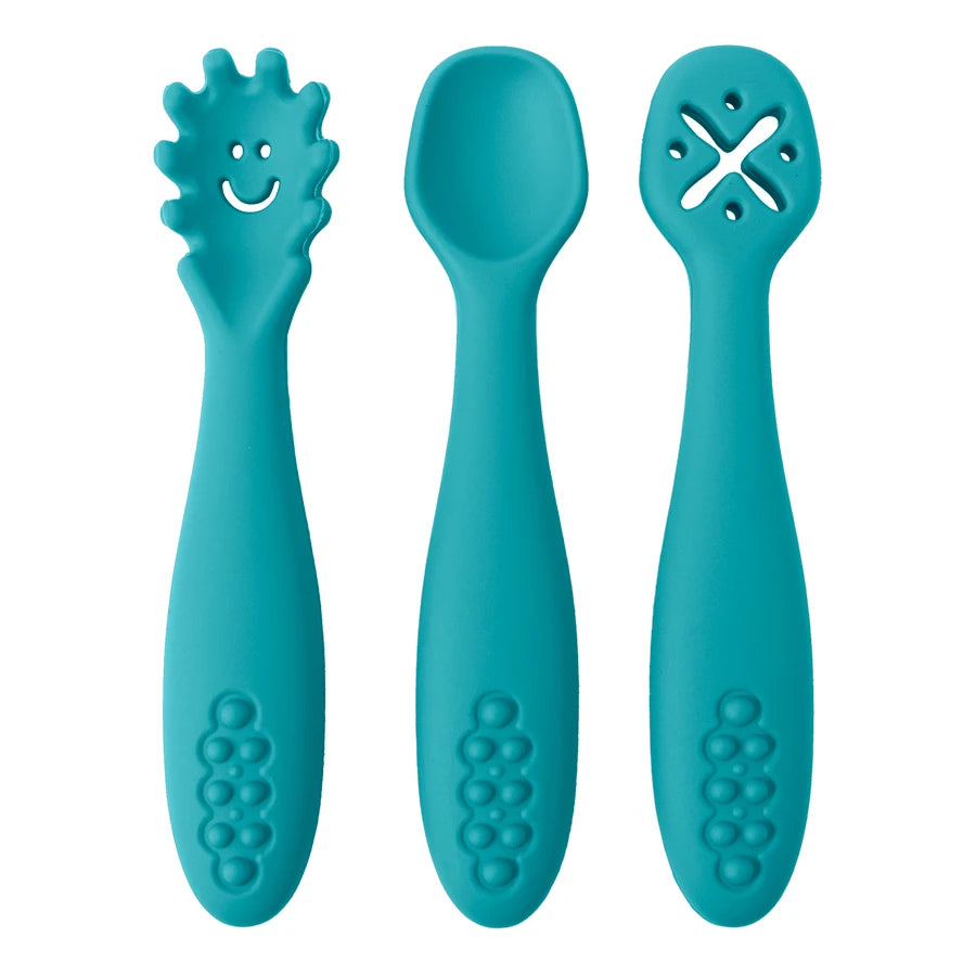 3PCS Baby Learning Spoon Set – Soft Silicone Utensils for Newborns & Toddlers | Training Scoop & Weaning Cutlery