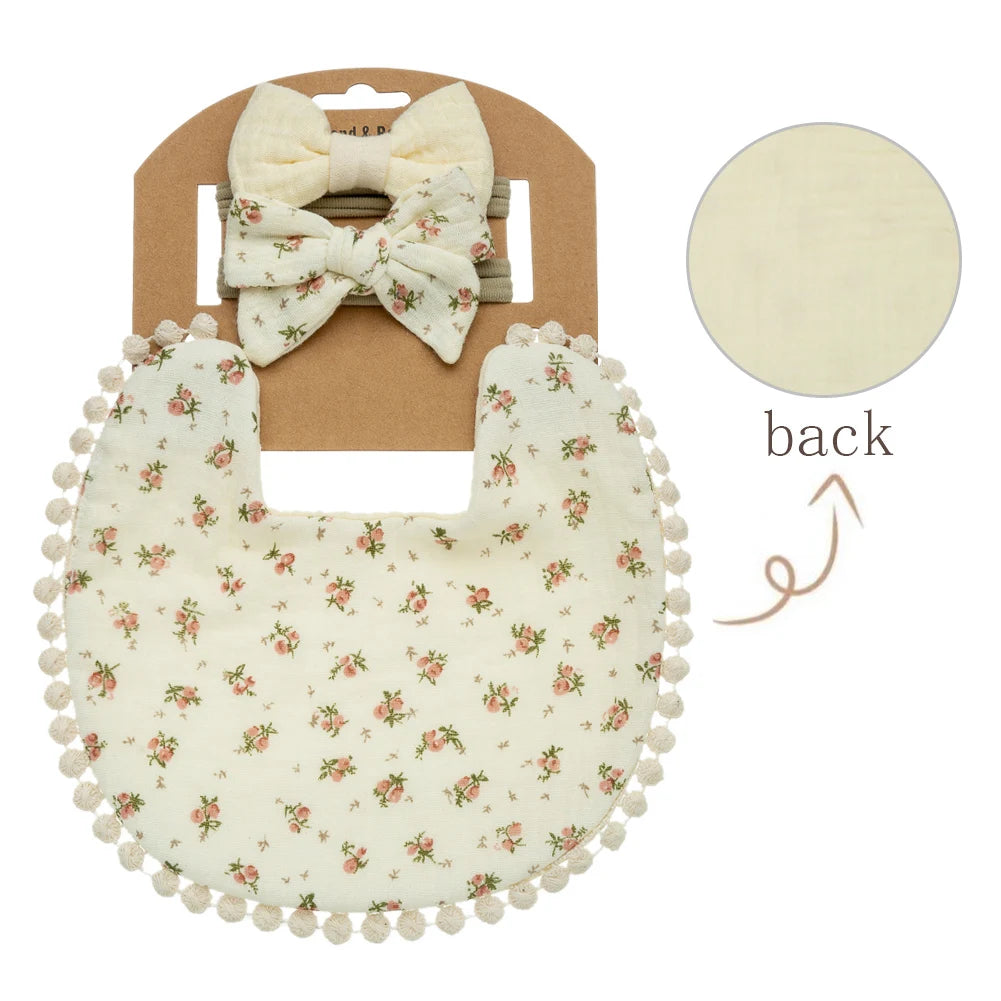 3PCS Baby Bib & Headband Set – Floral Linen Double-Sided Feeding Bib, Bow Nylon Hairbands & Burp Cloth | Unisex Baby Accessories