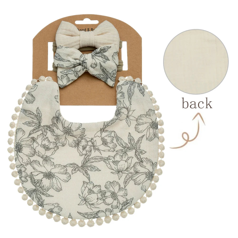 3PCS Baby Bib & Headband Set – Floral Linen Double-Sided Feeding Bib, Bow Nylon Hairbands & Burp Cloth | Unisex Baby Accessories