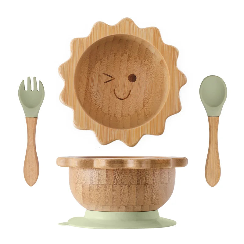 Baby Wooden Tableware Set – Bamboo Plate & Bowl with Silicone Suction Base + Wooden Handle Fork & Spoon | Cartoon Sheep Feeding Set for Toddlers & Kids