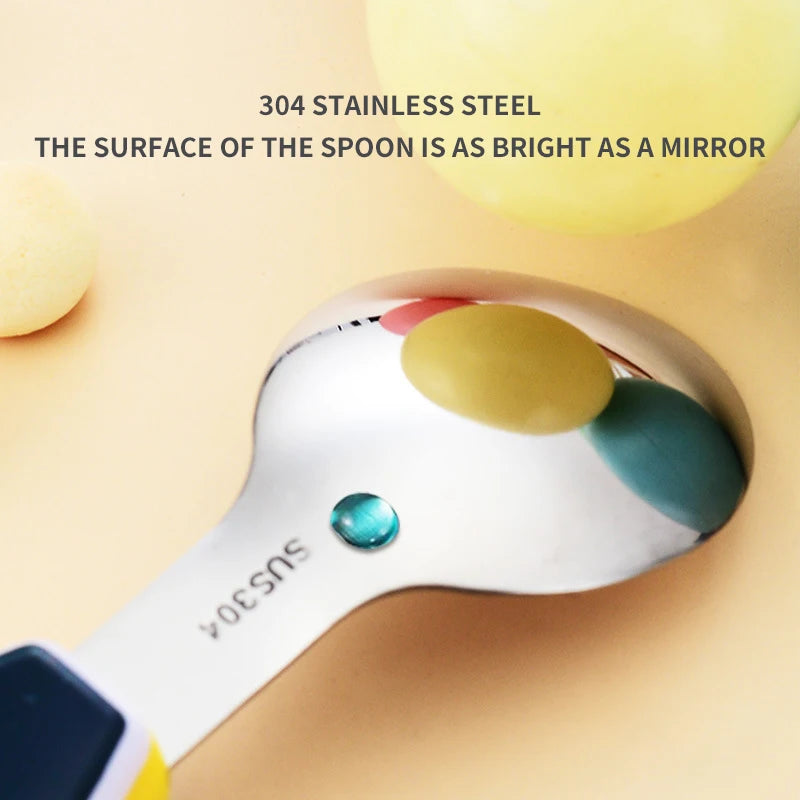 2PCS Toddler Utensils Set – Stainless Steel Spoon & Fork with Cute Cartoon Dinosaur Short Handle | Kids Feeding Cutlery