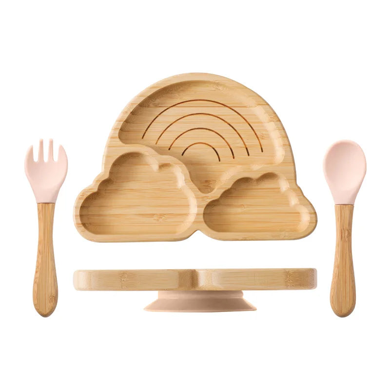 Baby Wooden Tableware Set – Bamboo Plate & Bowl with Silicone Suction Base + Wooden Handle Fork & Spoon | Cartoon Sheep Feeding Set for Toddlers & Kids